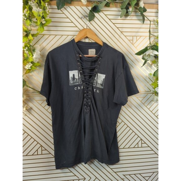 LF Furst of A Kind ReWorked Black Graphic Lace Up Short Sleeve Shirt ONE SIZE - Picture 2 of 5